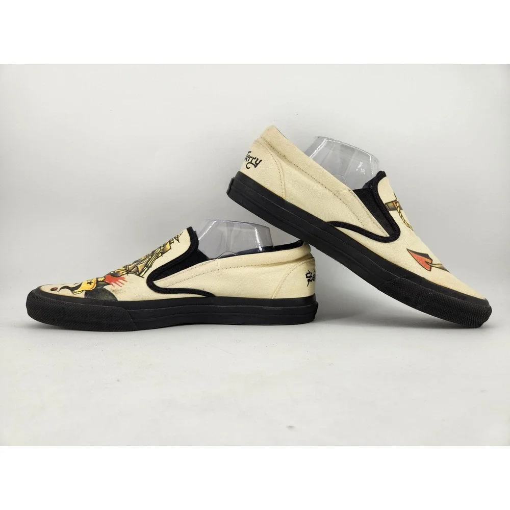 Converse Sailor Jerry Slip On Skidgrip Shoes Mens 10 Cream Tattoo Design Anchor